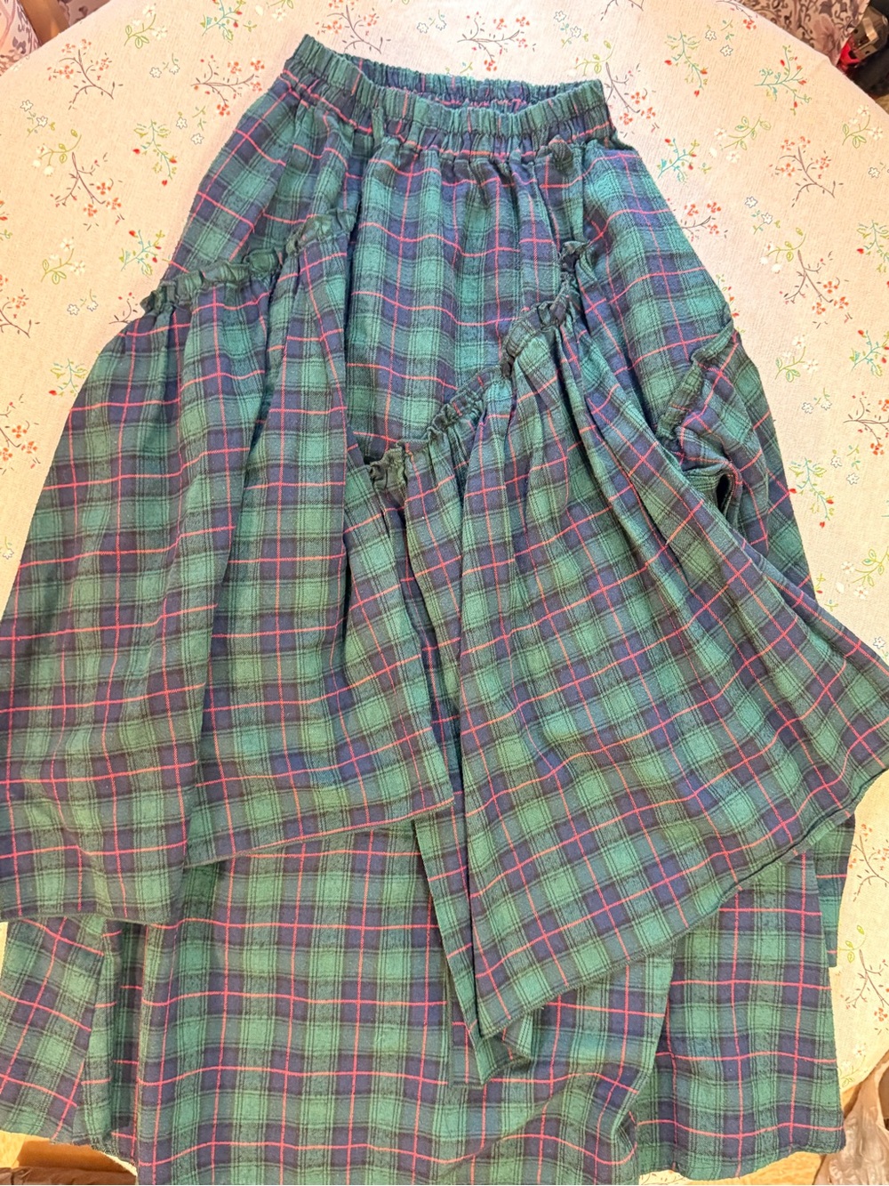 Green Plaid Tiered Flannel Midi Skirt - Casual Elastic Waist